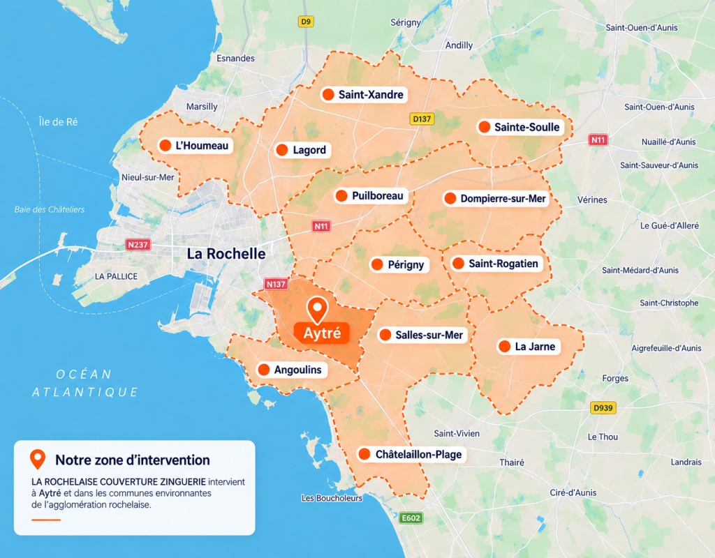 Zone d’intervention de La Rochelaise Couverture Zinguerie autour d’Aytré et La Rochelle