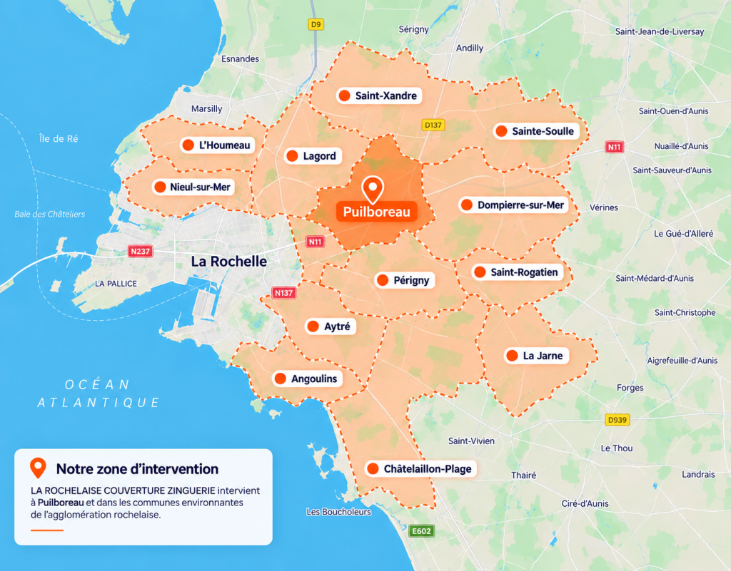 Zone d’intervention de La Rochelaise Couverture Zinguerie autour de Puilboreau et La Rochelle